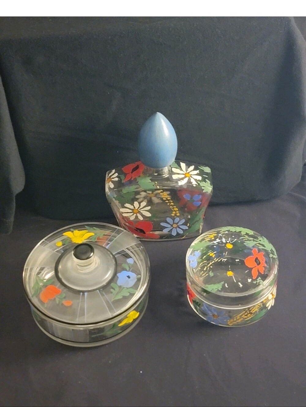 Austrian Handpainted Floral Glass Vanity Set - 3 Pieces, Blue Accents